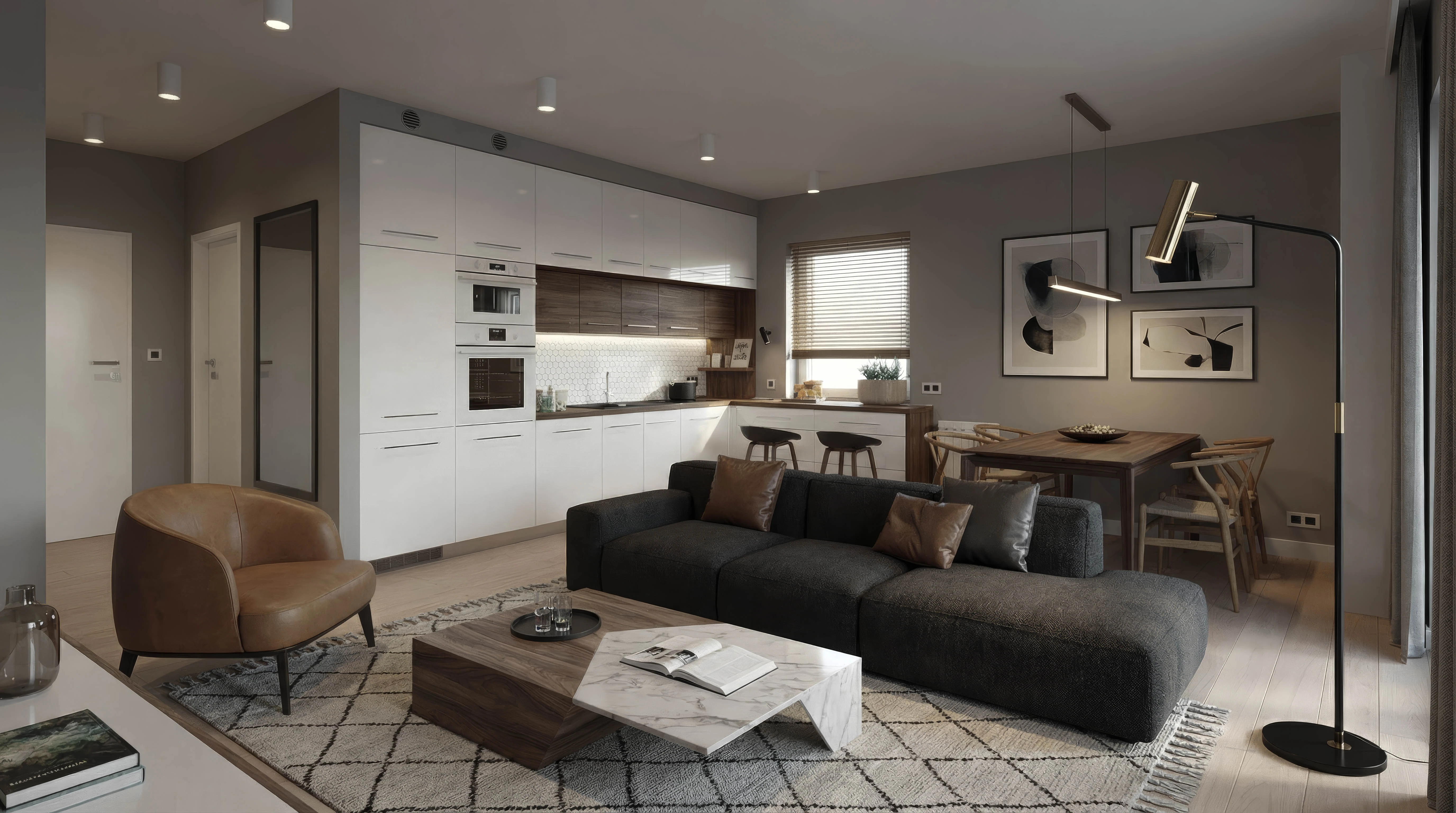 Wizualizacja wnętrza mieszkania Leszno – salon z dużymi oknami